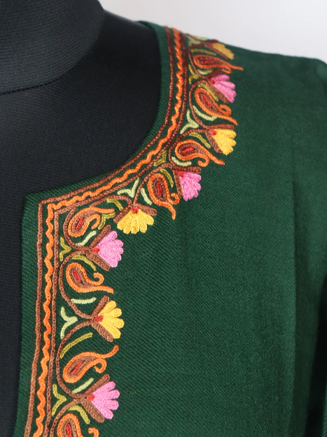 Rekhta Kashmiri Pheran In Raffal Wool With Hand Aari | Green - Image 3