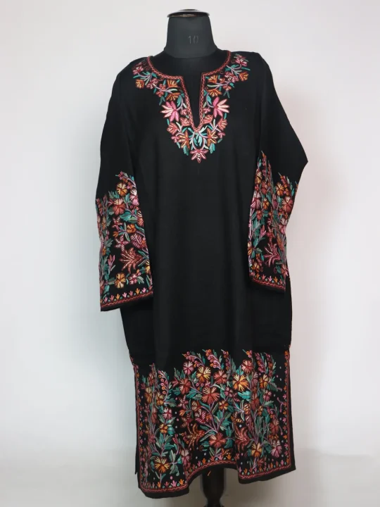 Black Kashmiri Pheran In Raffal Wool With Hand Aari | Rekhta
