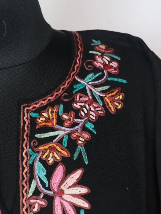 Black Kashmiri Pheran In Raffal Wool With Hand Aari | Rekhta - Image 3