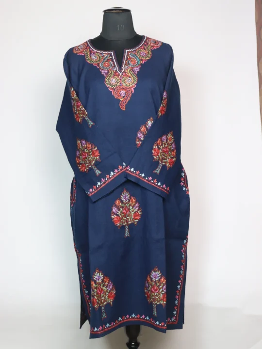 Rekhta Kashmiri Pheran In Raffal Wool With Hand Aari | Navy Blue