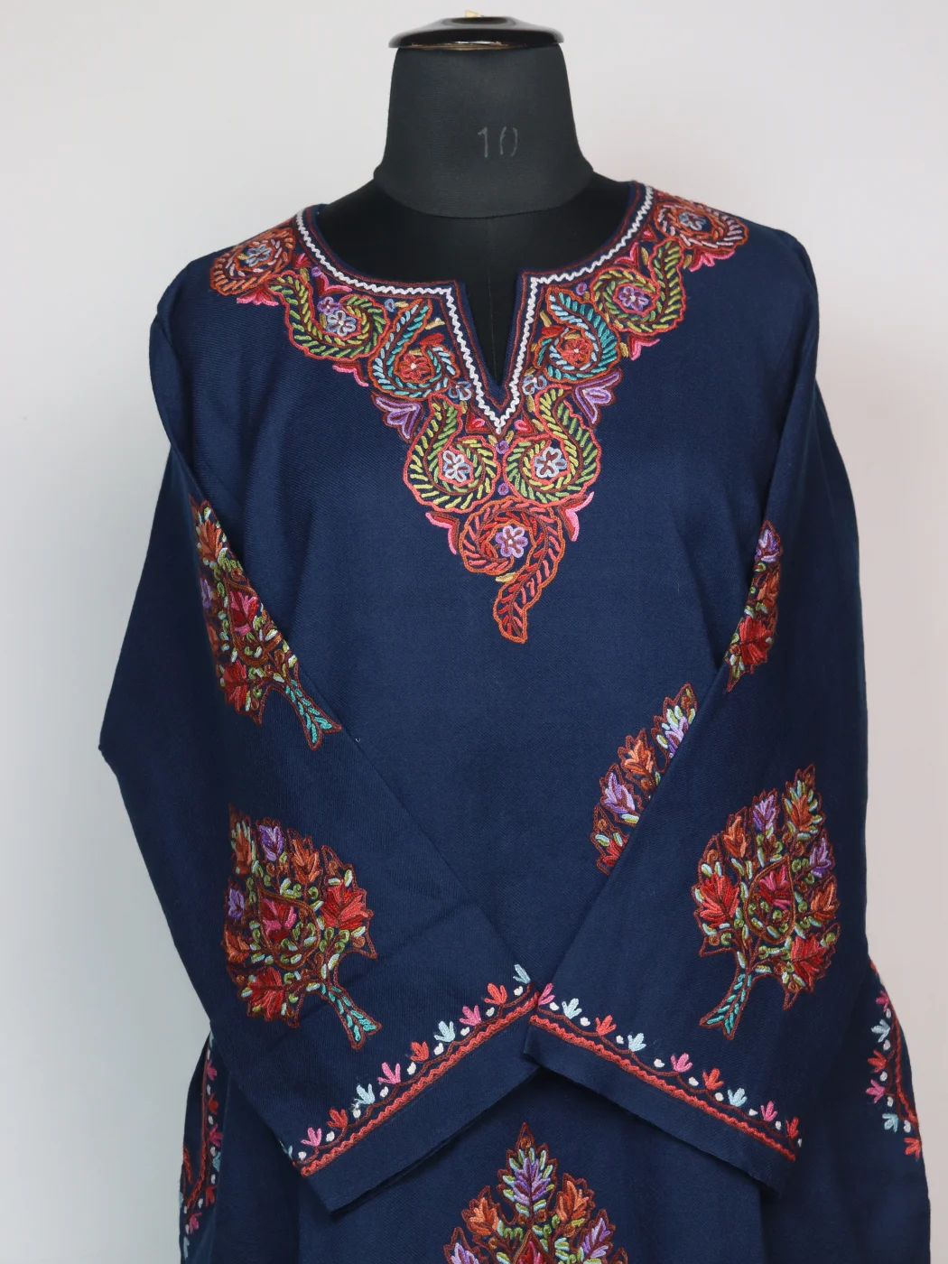 Rekhta Kashmiri Pheran In Raffal Wool With Hand Aari | Navy Blue - Image 2