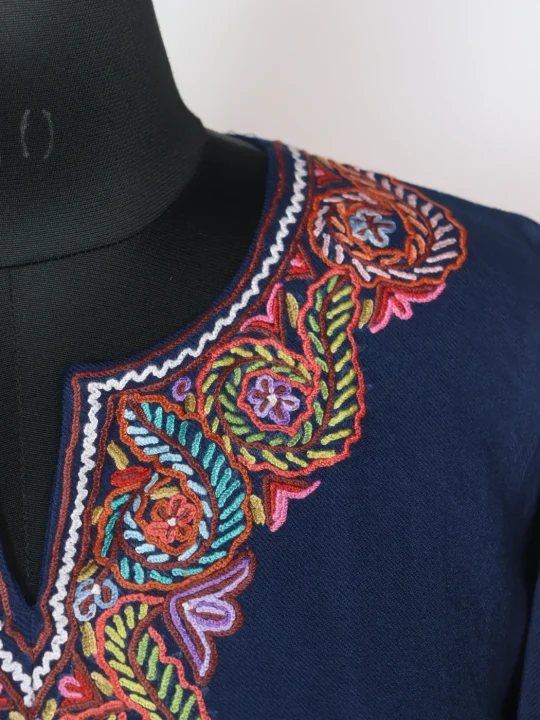 Rekhta Kashmiri Pheran In Raffal Wool With Hand Aari | Navy Blue - Image 3