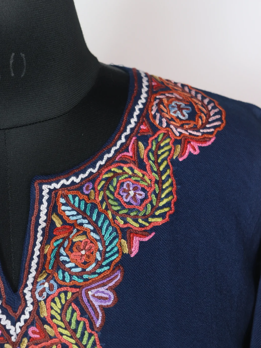 Rekhta Kashmiri Pheran In Raffal Wool With Hand Aari | Navy Blue - Image 3