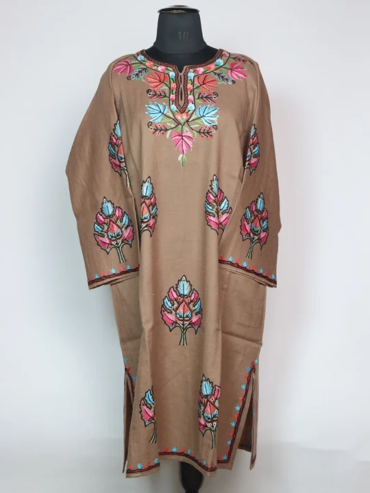 Brown Kashmiri Pheran In Raffal Wool With Hand Aari | Rekhta