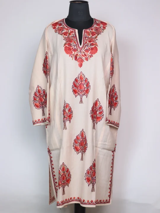 Rekhta Kashmiri Pheran In Raffal Wool With Hand Aari | White