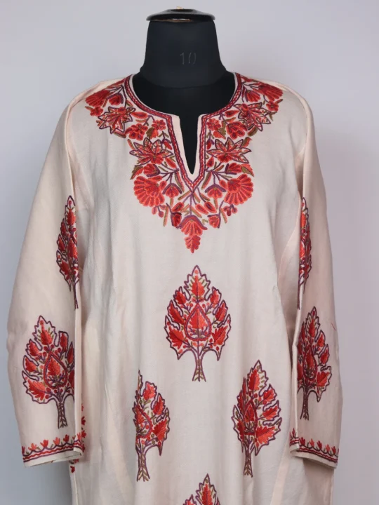 Rekhta Kashmiri Pheran In Raffal Wool With Hand Aari | White - Image 2