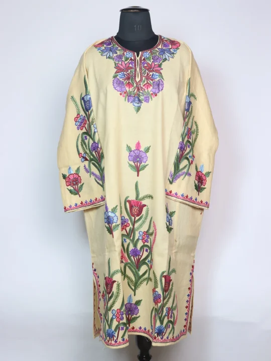 Rekhta Kashmiri Pheran In Raffal Wool With Hand Aari | Cream