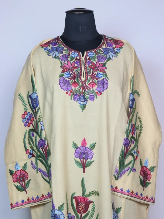 Rekhta Kashmiri Pheran In Raffal Wool With Hand Aari | Cream - Image 2