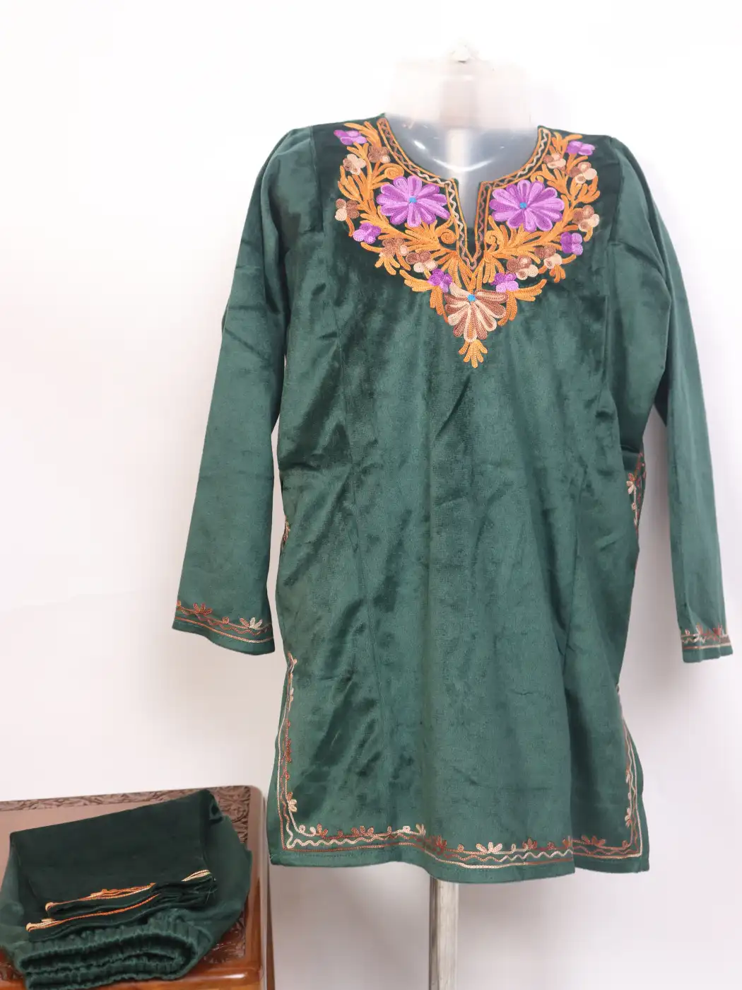 Rihana Kashmiri Girls 2 Pc Pheran Set In Bottle Green Holland Velvet With Aari Work (5 to 6Y)