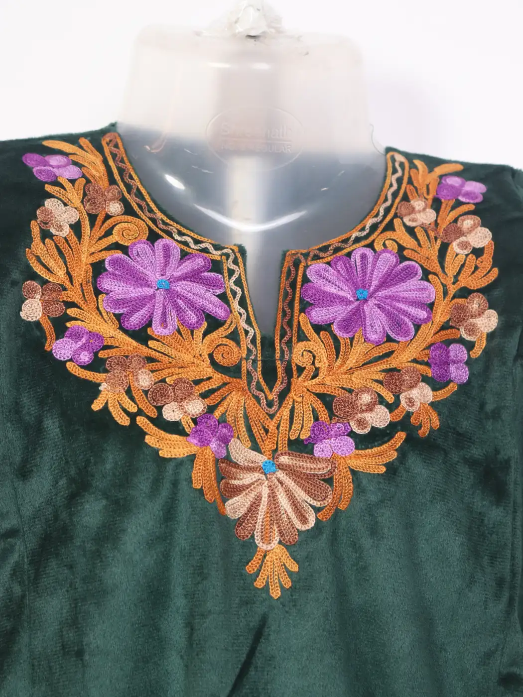 Rihana Kashmiri Girls 2 Pc Pheran Set In Bottle Green Holland Velvet With Aari Work (5 to 6Y) - Image 2