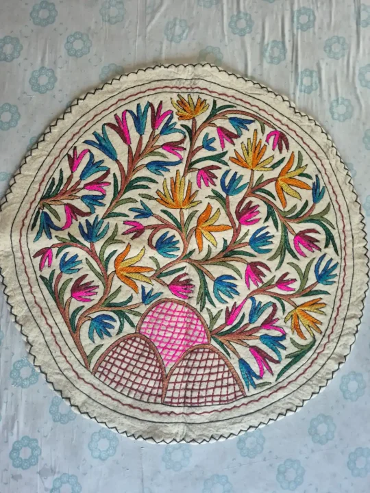 Roshan Gul Kashmiri Wool Namda with Multicolour Floral Garden and Arch Motifs – 4x4 Feet