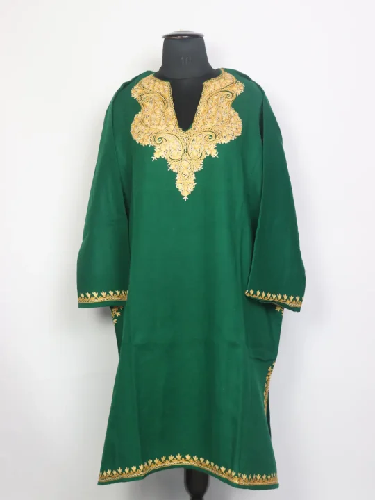 Ruhani Kashmiri Raffal Wool Hand Aari Embroidery Dark Green Pheran