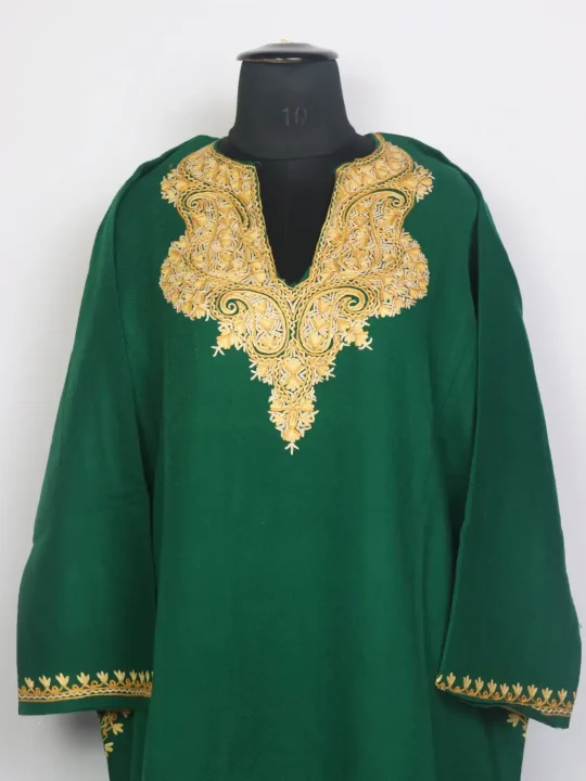 Ruhani Kashmiri Raffal Wool Hand Aari Embroidery Dark Green Pheran - Image 2