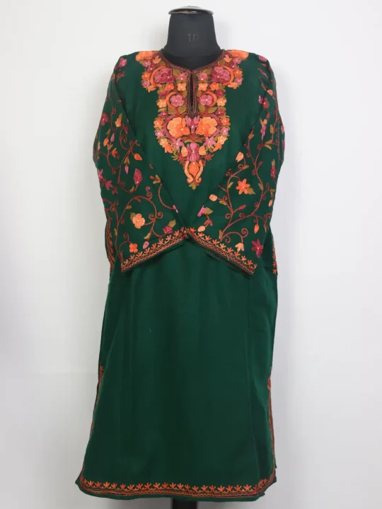 Rukhsana Dark Green Kashmiri Pheran in Cashmilon Wool with Aari Work On Sleeves