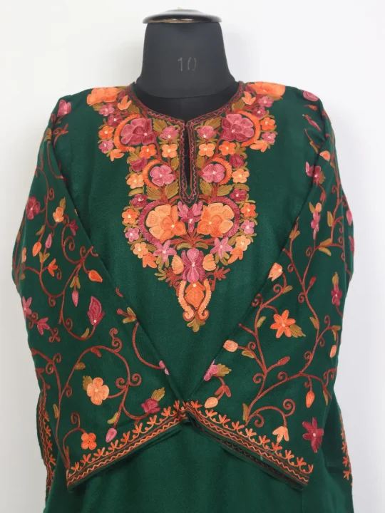 Rukhsana Dark Green Kashmiri Pheran in Cashmilon Wool with Aari Work On Sleeves - Image 2