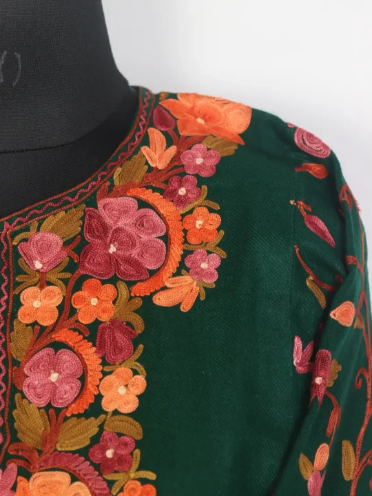 Rukhsana Dark Green Kashmiri Pheran in Cashmilon Wool with Aari Work On Sleeves - Image 3