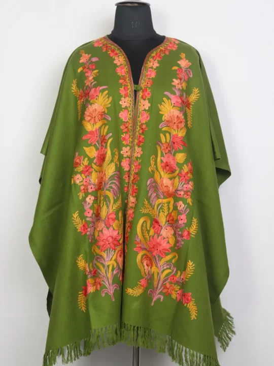 Rukhsar Kashmiri Green Cape Shawl with Aari Work in Cashmilon Wool