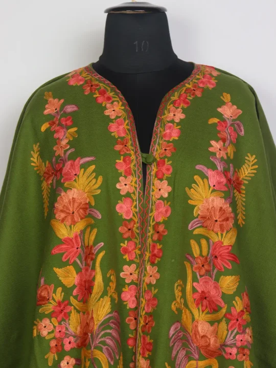 Rukhsar Kashmiri Green Cape Shawl with Aari Work in Cashmilon Wool - Image 2