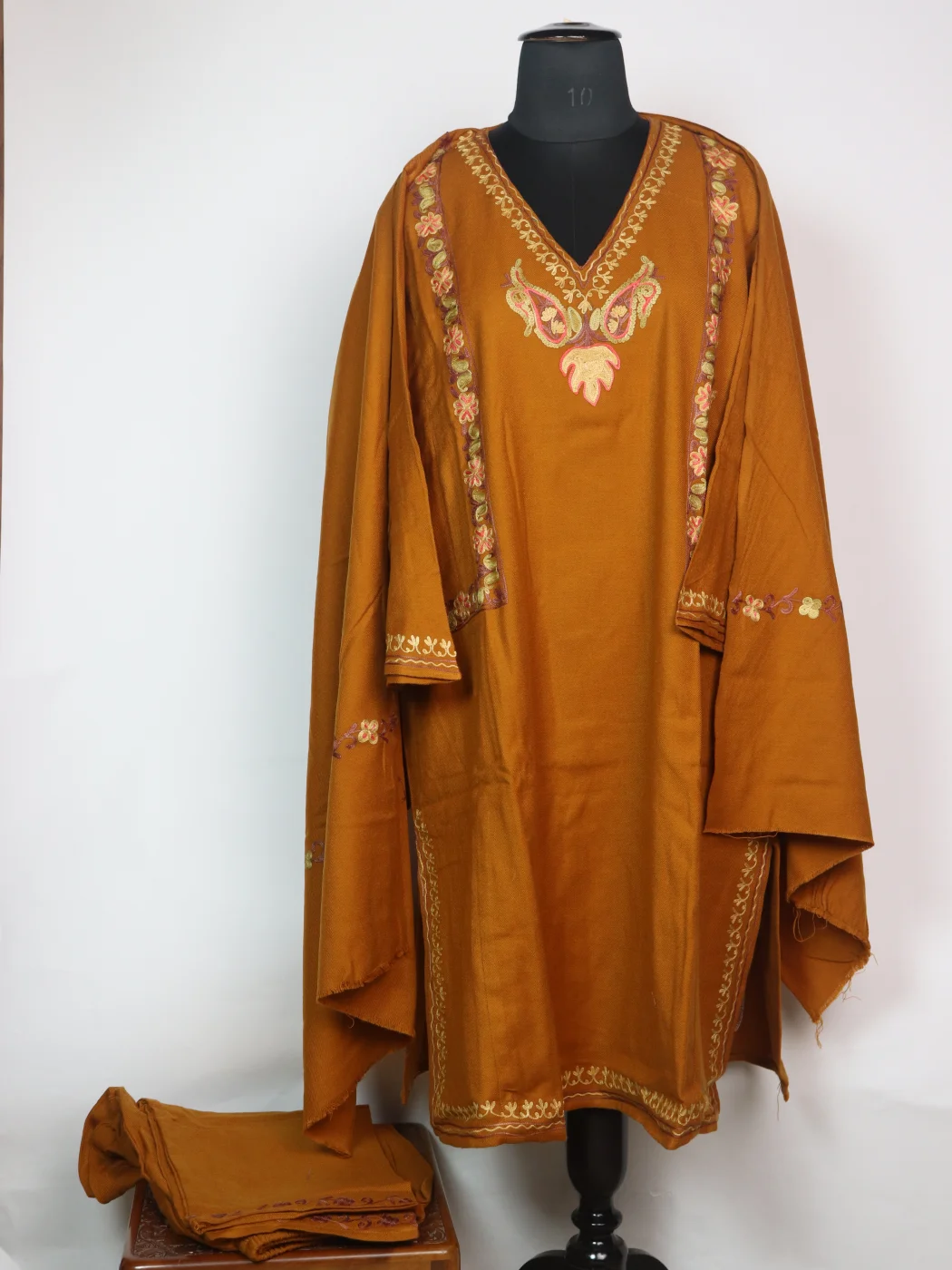 Mustard Kashmiri Pheran 3 Pc Set In Cashmilon wool With Aari Work | Ruqaina