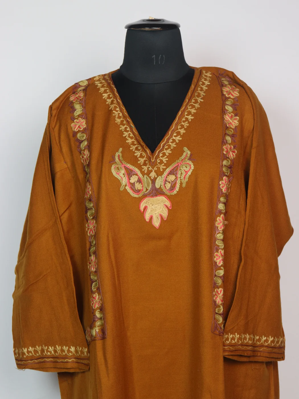 Mustard Kashmiri Pheran 3 Pc Set In Cashmilon wool With Aari Work | Ruqaina - Image 2