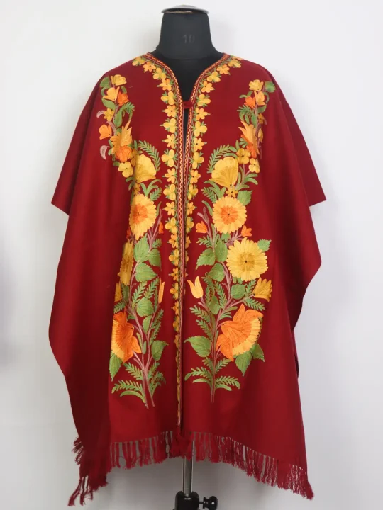 Ruqayya Red Kashmiri Cape Shawl with Aari Work in Cashmilon Wool