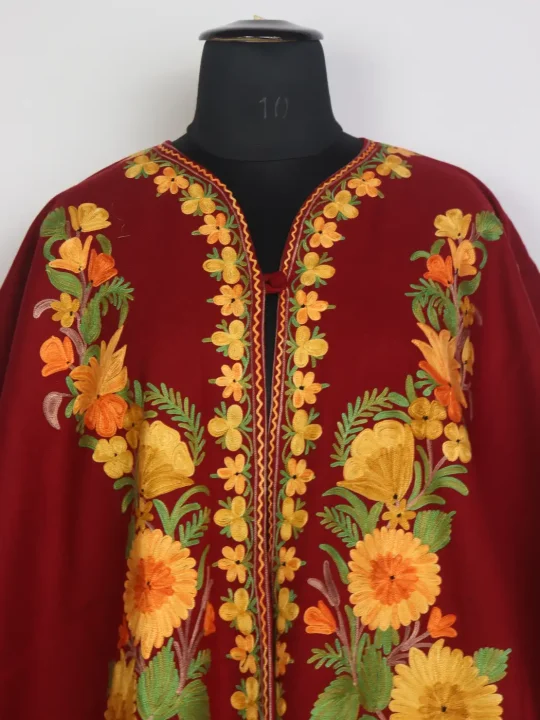 Ruqayya Red Kashmiri Cape Shawl with Aari Work in Cashmilon Wool - Image 2