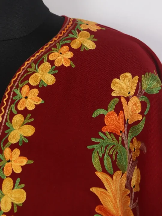Ruqayya Red Kashmiri Cape Shawl with Aari Work in Cashmilon Wool - Image 3