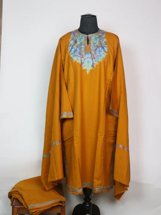 Ruwaida Kashmiri Pheran 3 Pc Set In Cashmilon wool With Aari Embroidery | Mustard
