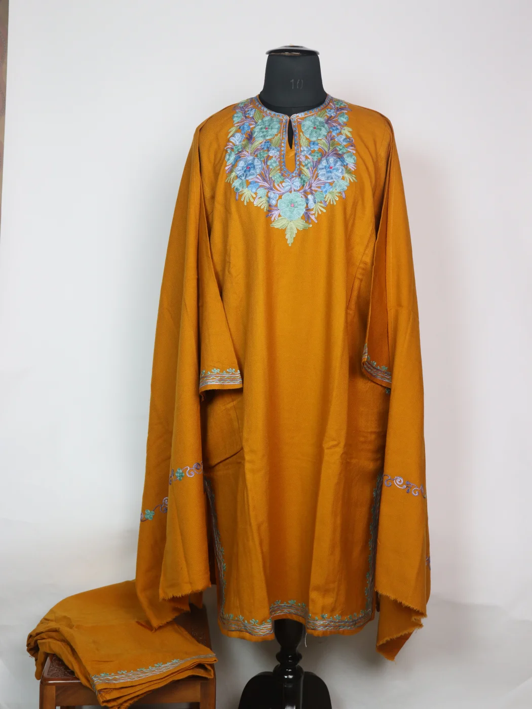 Ruwaida Kashmiri Pheran 3 Pc Set In Cashmilon wool With Aari Embroidery | Mustard