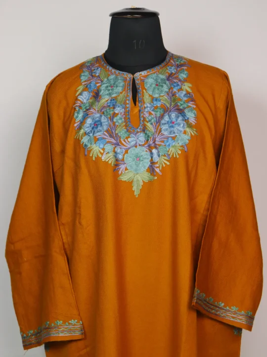 Ruwaida Kashmiri Pheran 3 Pc Set In Cashmilon wool With Aari Embroidery | Mustard - Image 2