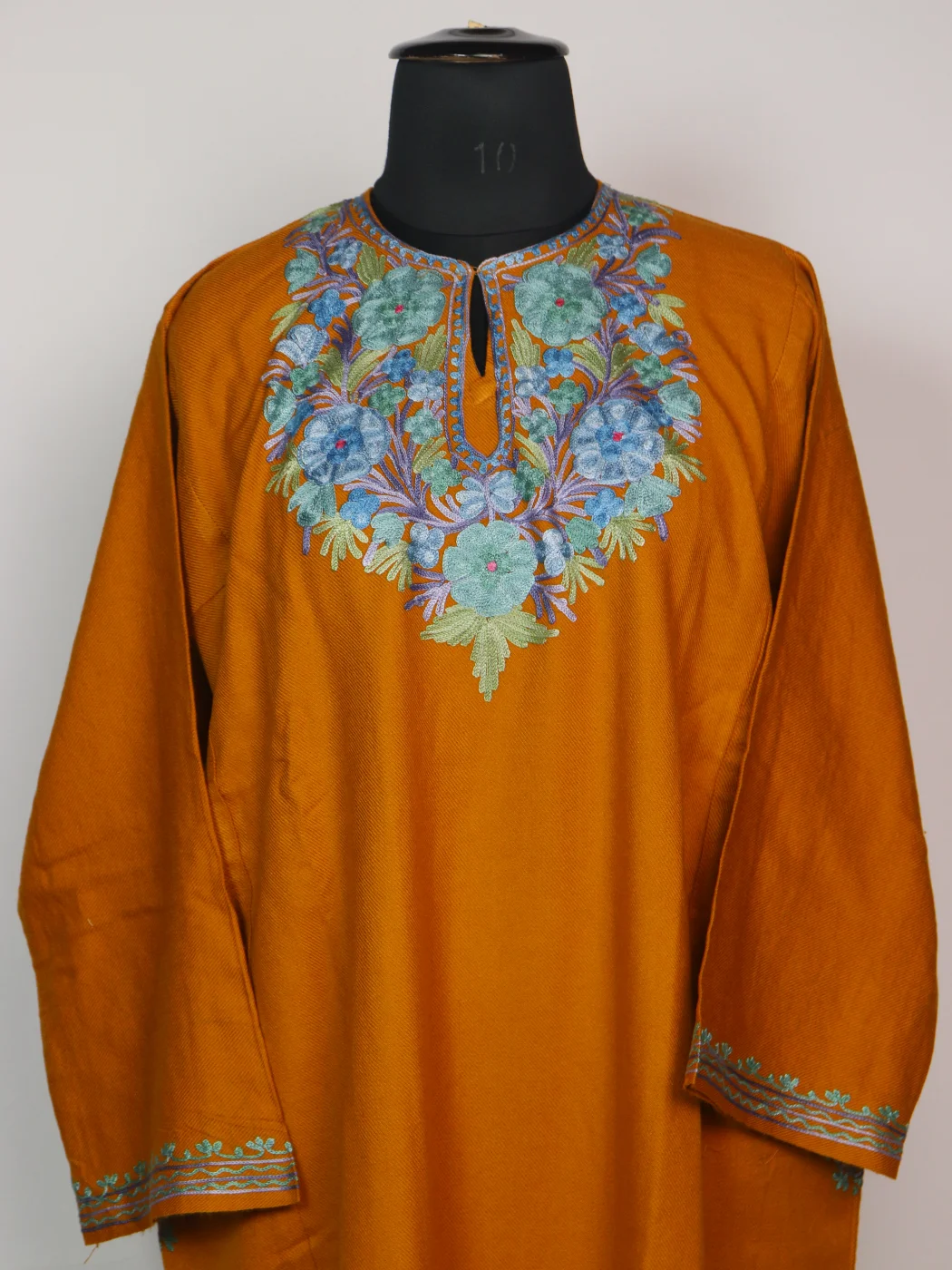 Ruwaida Kashmiri Pheran 3 Pc Set In Cashmilon wool With Aari Embroidery | Mustard - Image 2