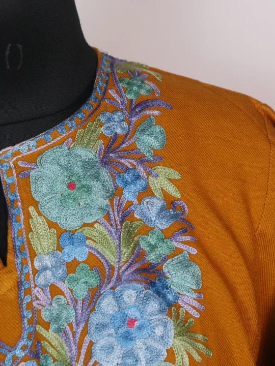 Ruwaida Kashmiri Pheran 3 Pc Set In Cashmilon wool With Aari Embroidery | Mustard - Image 3