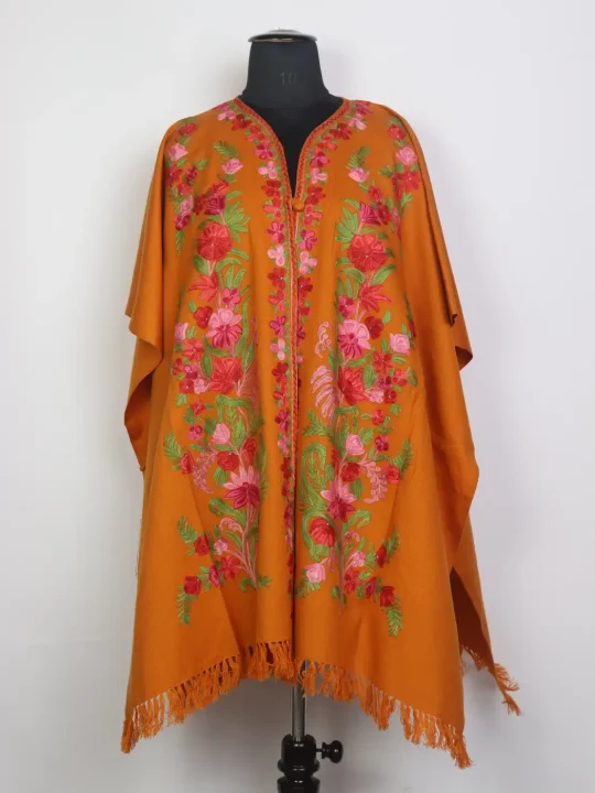 Saba Kashmiri Mustard Yellow Cape Shawl with Aari Work in Cashmilon Wool
