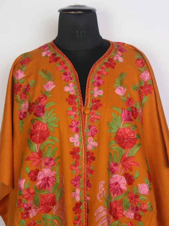 Saba Kashmiri Mustard Yellow Cape Shawl with Aari Work in Cashmilon Wool - Image 2