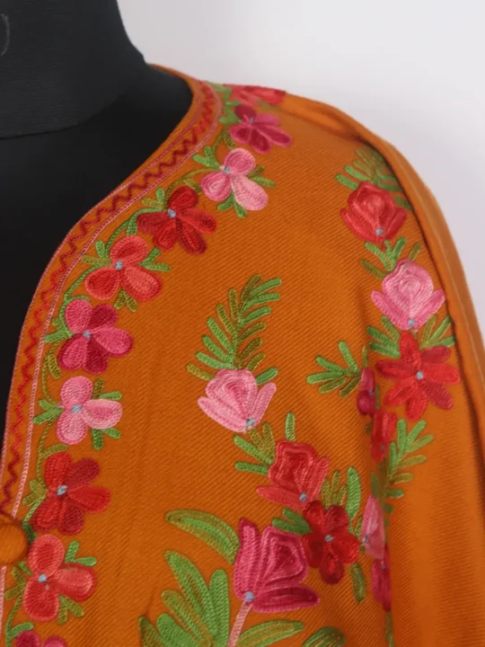 Saba Kashmiri Mustard Yellow Cape Shawl with Aari Work in Cashmilon Wool - Image 3