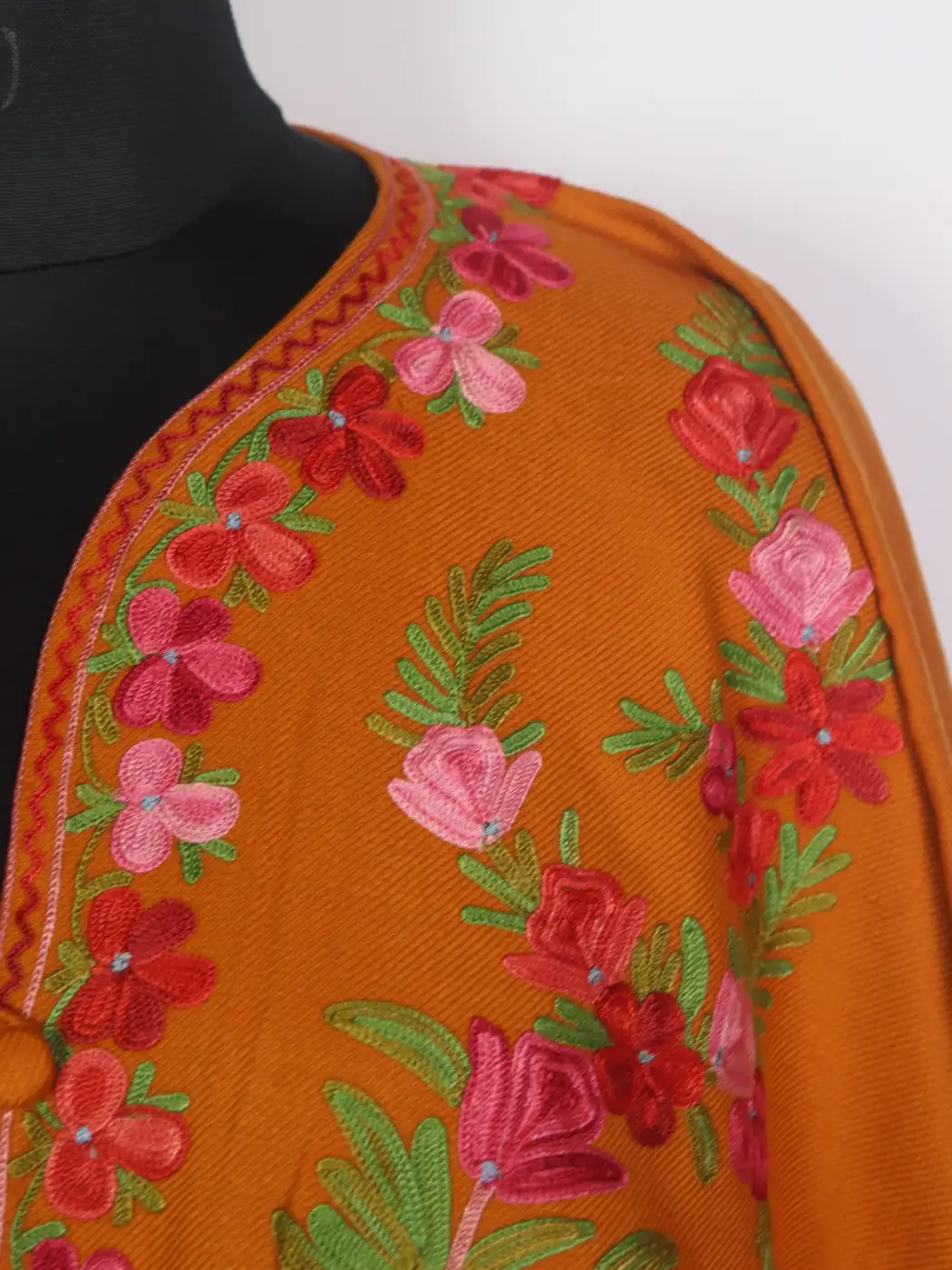 Saba Kashmiri Mustard Yellow Cape Shawl with Aari Work in Cashmilon Wool - Image 3