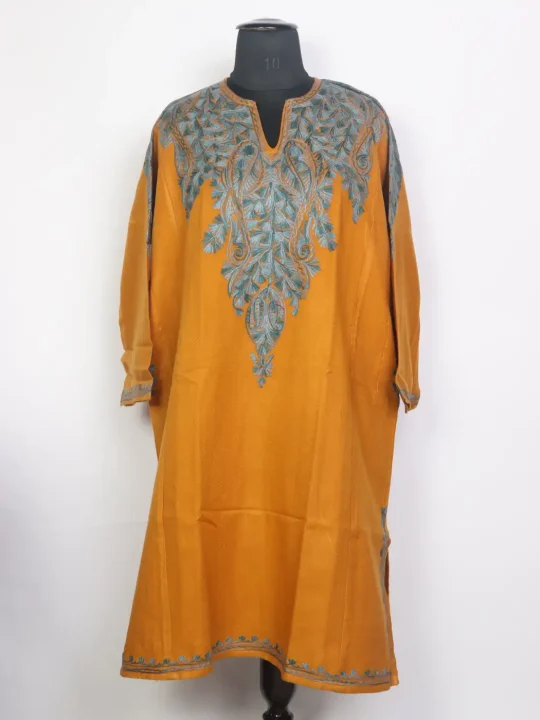 Sabeen Mustard Kashmiri Pheran in Cashmilon Wool with Front & Back Aari Work