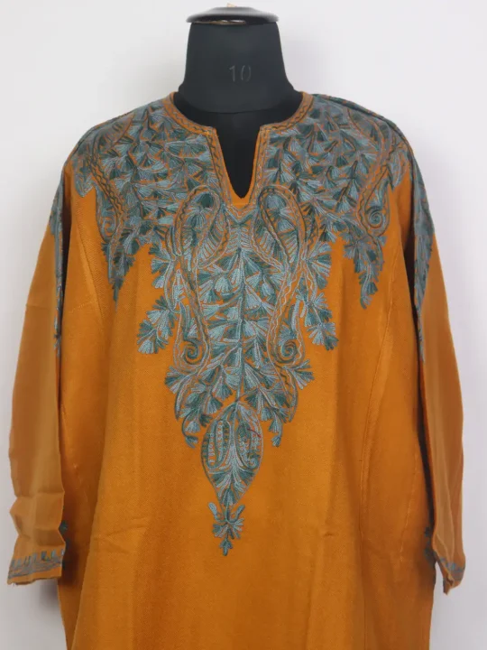 Sabeen Mustard Kashmiri Pheran in Cashmilon Wool with Front & Back Aari Work - Image 2