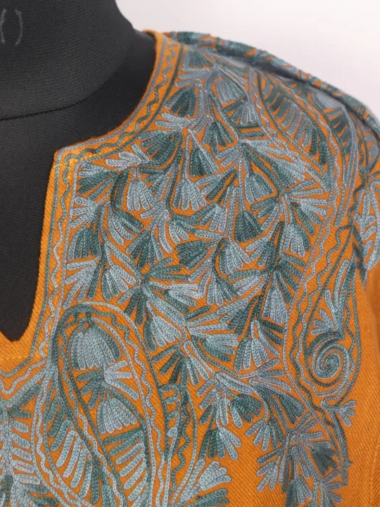 Sabeen Mustard Kashmiri Pheran in Cashmilon Wool with Front & Back Aari Work - Image 3