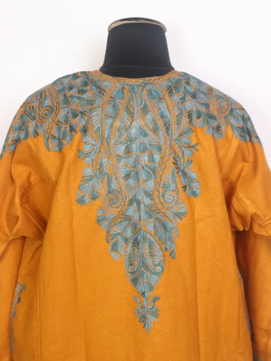Sabeen Mustard Kashmiri Pheran in Cashmilon Wool with Front & Back Aari Work - Image 4