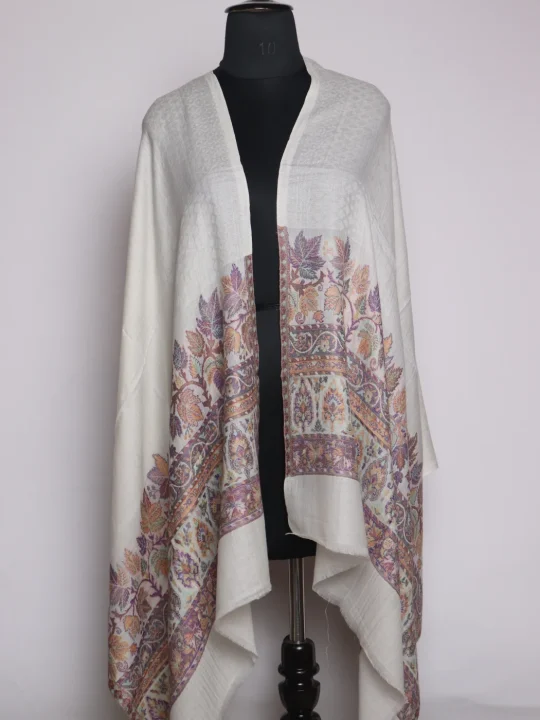 Sabeena Kashmiri Kani Work Fine Wool Stole | Cream