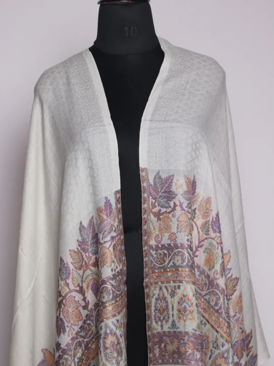 Sabeena Kashmiri Kani Work Fine Wool Stole | Cream - Image 2