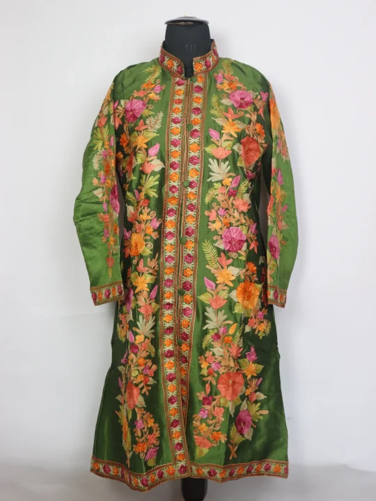 Safoora Green Silk Kashmiri Aari Embroidered Long Coat