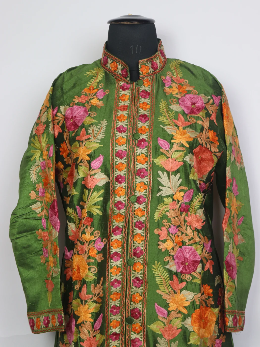 Safoora Green Silk Kashmiri Aari Embroidered Long Coat - Image 2