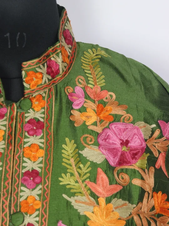 Safoora Green Silk Kashmiri Aari Embroidered Long Coat - Image 3