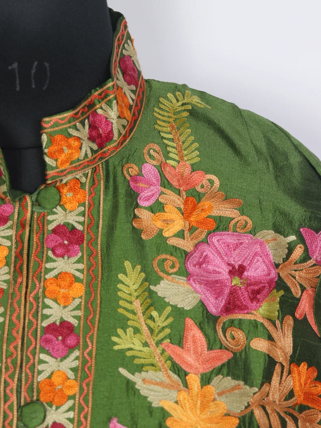Safoora Green Silk Kashmiri Aari Embroidered Long Coat - Image 3