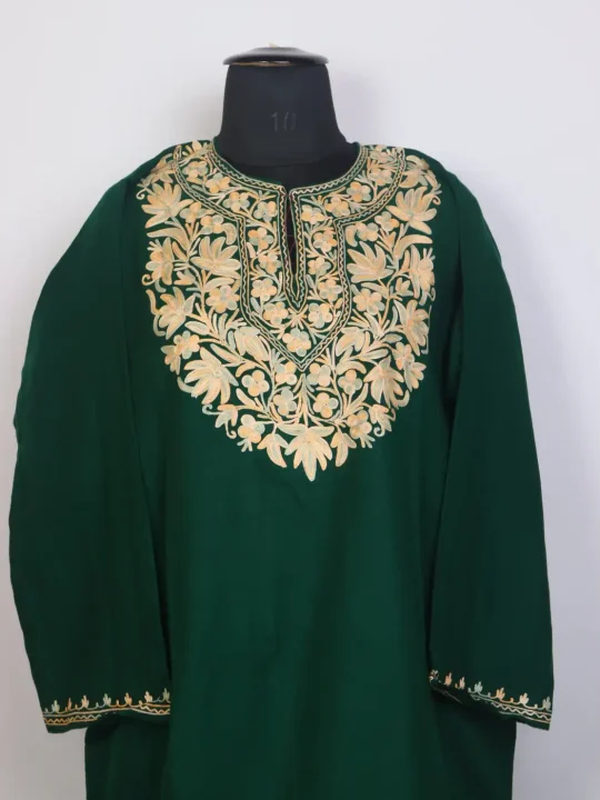 Kashmiri Pheran in Cashmilon Green Aari Embroidery Bahaar - Image 2