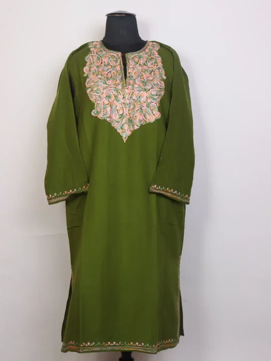 Gul Green Kashmiri Cashmilon Embroidered Pheran with Aari Work