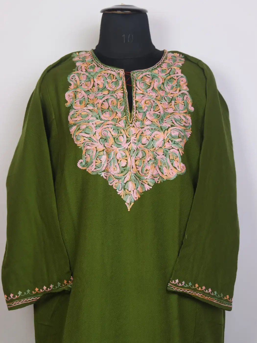 Gul Green Kashmiri Cashmilon Embroidered Pheran with Aari Work - Image 2