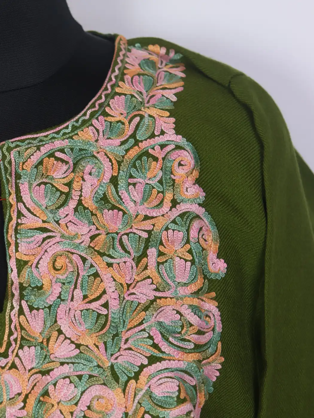 Gul Green Kashmiri Cashmilon Embroidered Pheran with Aari Work - Image 3
